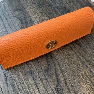 Tory Burch Orange Saffiano Leather Glasses Case with Gold Logo